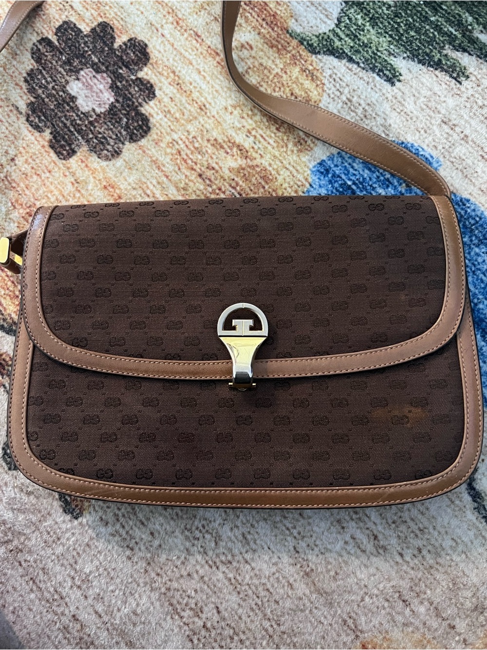 Vintage 80s Gucci Brown Monogram Shoulder Bag with Tan Trim